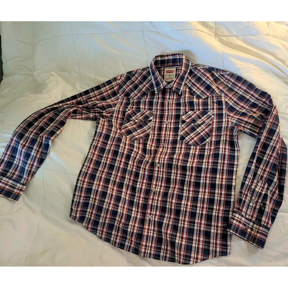 Levi's Western Shirt Mens SIZE Medium  Red White Plaid Pearl Snap Long Sleeve